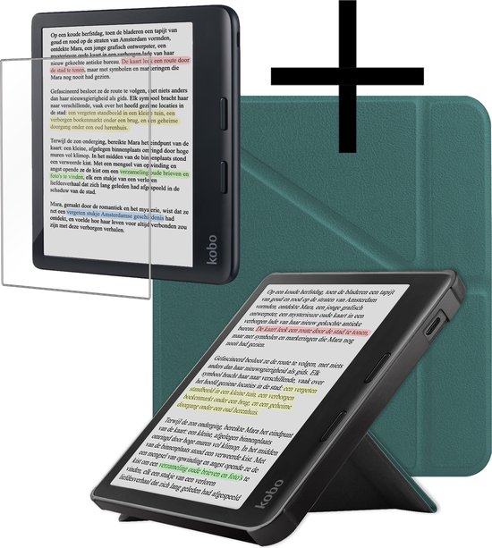 Hoes Geschikt voor Kobo Libra Colour Hoesje Bookcase Cover Book Case Hoes Sleepcover Trifold Met Screenprotector - Donkergroen van MMOBIEL