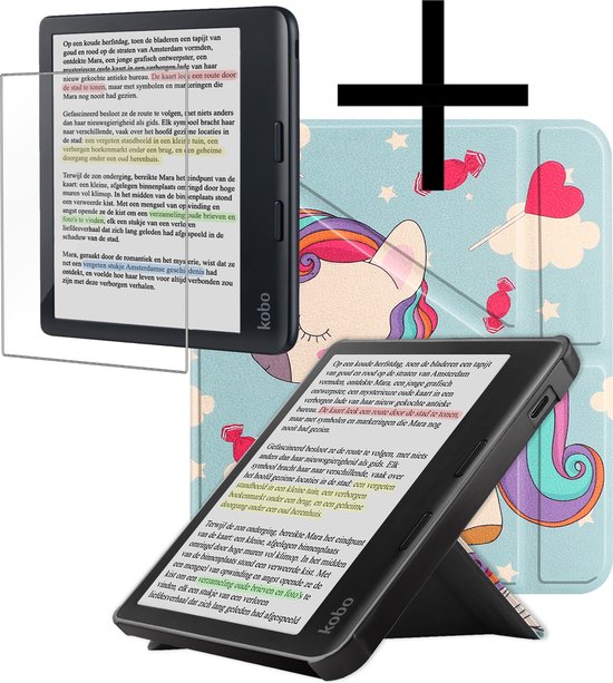 Hoes Geschikt voor Kobo Libra Colour Hoesje Bookcase Cover Book Case Hoes Sleepcover Trifold Met Screenprotector - Eenhoorn van Rocket Cardstore