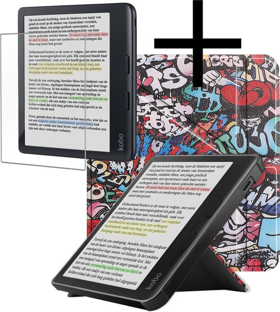 Hoes Geschikt voor Kobo Libra Colour Hoesje Bookcase Cover Book Case Hoes Sleepcover Trifold Met Screenprotector - Graffity van Fosco Cases