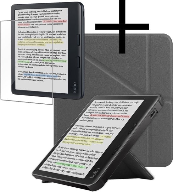 Hoes Geschikt voor Kobo Libra Colour Hoesje Bookcase Cover Book Case Hoes Sleepcover Trifold Met Screenprotector - Grijs van Fecodoo