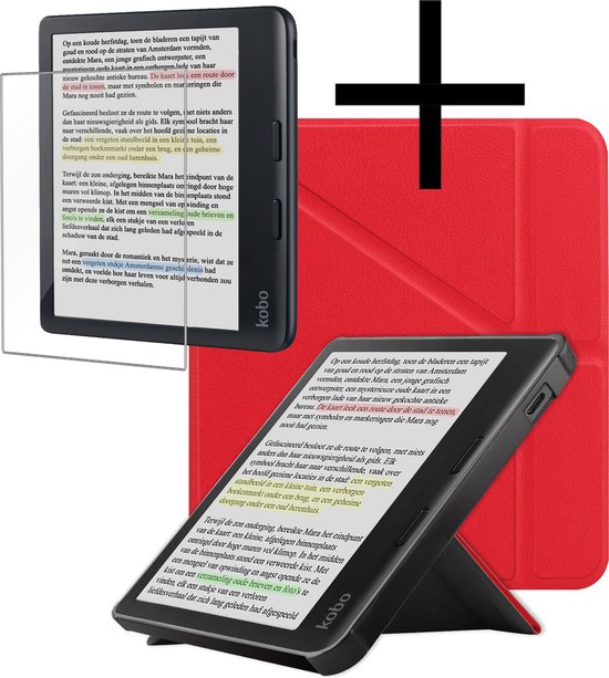 Hoes Geschikt voor Kobo Libra Colour Hoesje Bookcase Cover Book Case Hoes Sleepcover Trifold Met Screenprotector - Rood van Movoja