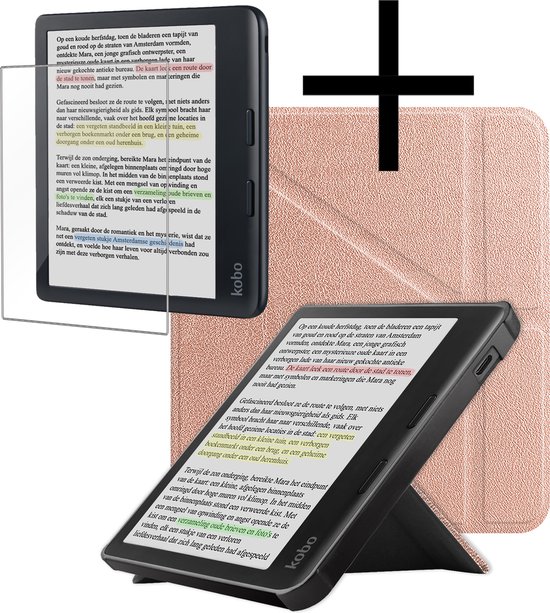 Hoes Geschikt voor Kobo Libra Colour Hoesje Bookcase Cover Book Case Hoes Sleepcover Trifold Met Screenprotector - Rosé Goud van Funduoduo