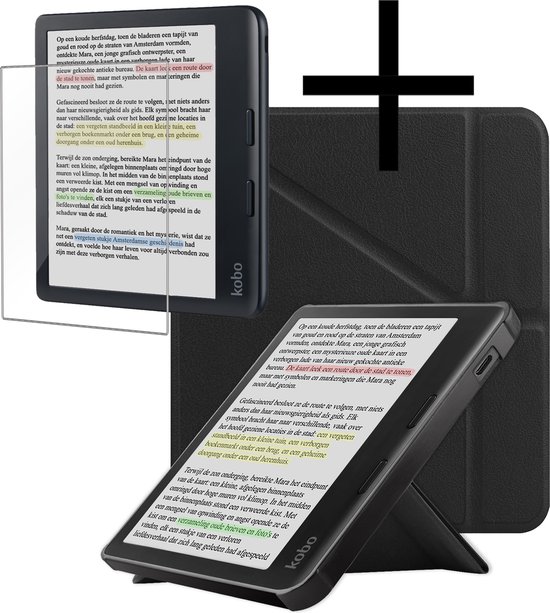 Hoes Geschikt voor Kobo Libra Colour Hoesje Bookcase Cover Book Case Hoes Sleepcover Trifold Met Screenprotector - Zwart van LHJSX