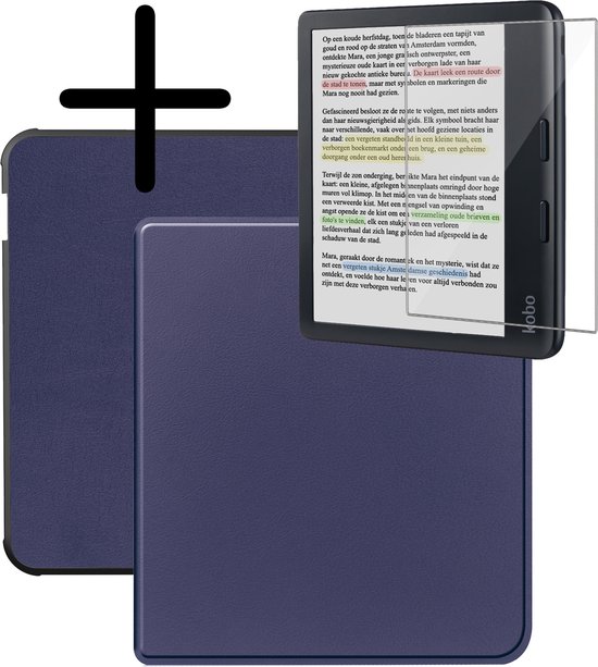 Hoes Geschikt voor Kobo Libra Colour Hoesje Bookcase Cover Hoes Met Screenprotector - Hoesje Geschikt voor Kobo Libra Colour Hoes Cover Case - Donkerblauw van MMOBIEL