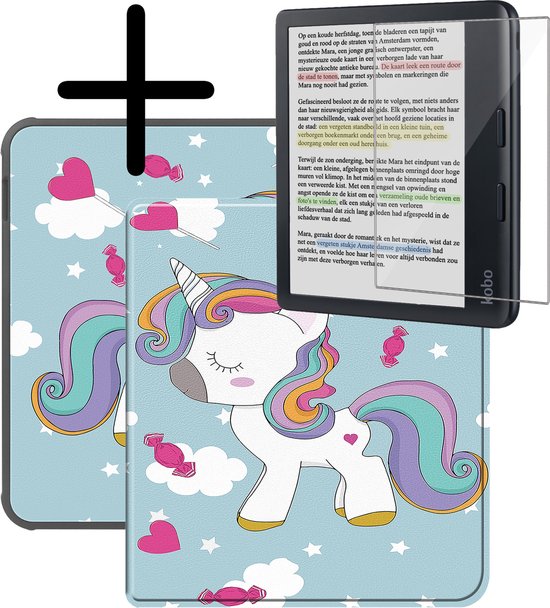 Hoes Geschikt voor Kobo Libra Colour Hoesje Bookcase Cover Hoes Met Screenprotector - Hoesje Geschikt voor Kobo Libra Colour Hoes Cover Case - Eenhoorn van EpicCase