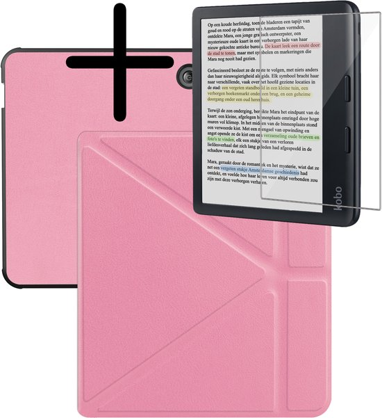 Hoes Geschikt voor Kobo Libra Colour Hoesje Bookcase Cover Hoes Met Screenprotector - Hoesje Geschikt voor Kobo Libra Colour Hoes Cover Case - Roze van Merkloos