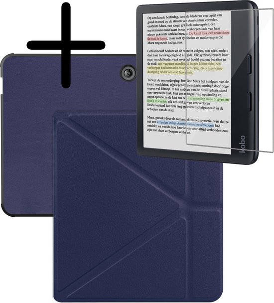 Hoes Geschikt voor Kobo Libra Colour Hoesje Bookcase Cover Hoes Trifold Met Screenprotector - Hoesje Geschikt voor Kobo Libra Colour Hoes Cover Case - Donkerblauw van MMOBIEL
