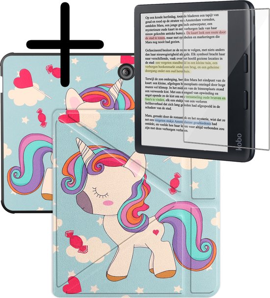 Hoes Geschikt voor Kobo Libra Colour Hoesje Bookcase Cover Hoes Trifold Met Screenprotector - Hoesje Geschikt voor Kobo Libra Colour Hoes Cover Case - Eenhoorn van Eposgear