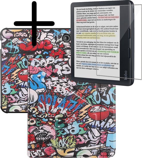 Hoes Geschikt voor Kobo Libra Colour Hoesje Bookcase Cover Hoes Trifold Met Screenprotector - Hoesje Geschikt voor Kobo Libra Colour Hoes Cover Case - Graffity van MW-Slim.