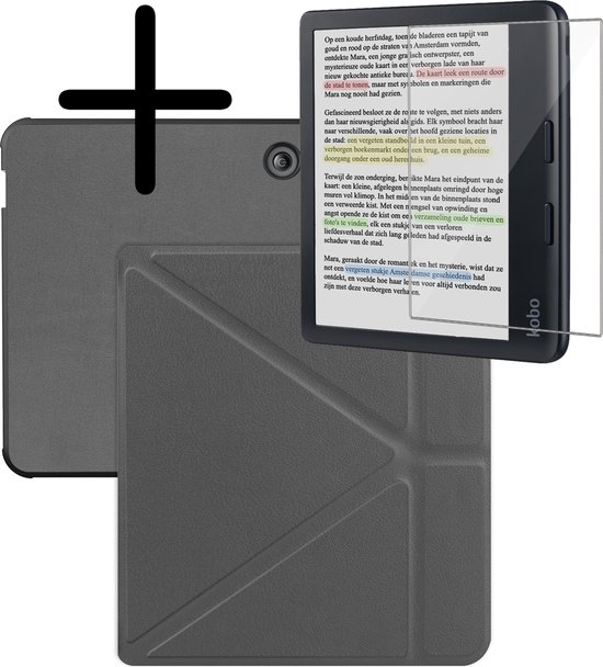 Hoes Geschikt voor Kobo Libra Colour Hoesje Bookcase Cover Hoes Trifold Met Screenprotector - Hoesje Geschikt voor Kobo Libra Colour Hoes Cover Case - Grijs van FIFTHUMOUS