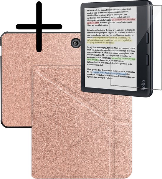 Hoes Geschikt voor Kobo Libra Colour Hoesje Bookcase Cover Hoes Trifold Met Screenprotector - Hoesje Geschikt voor Kobo Libra Colour Hoes Cover Case - Rosé Goud van Fournya