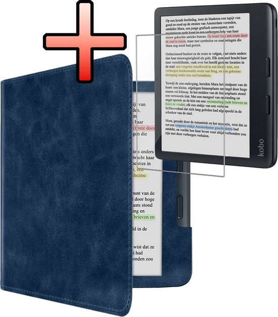 Hoes Geschikt voor Kobo Libra Colour Leren Hoesje Bookcase Cover Book Case Hoes Sleepcover Leer Met Screenprotector - Donkerblauw van MMOBIEL