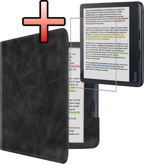 Hoes Geschikt voor Kobo Libra Colour Leren Hoesje Bookcase Cover Book Case Hoes Sleepcover Leer Met Screenprotector - Zwart van FMPROJECTS