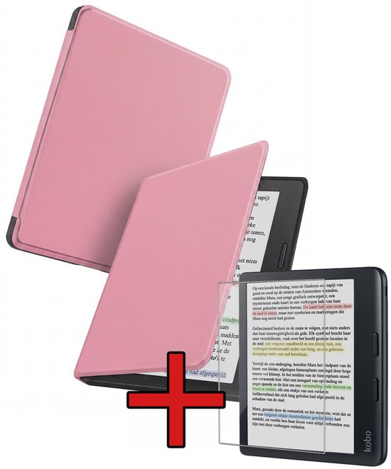 Hoes Geschikt voor Kobo Libra Colour - Met Screenprotector - Luxe E-reader Bescherm Case - Hoesje Book Cover - Roze
