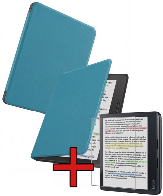 Hoes Geschikt voor Kobo Libra Colour - Met Screenprotector - Luxe E-reader Bescherm Case - Hoesje Book Cover - Turquoise