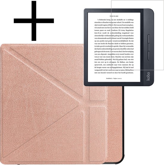 Hoes Geschikt voor Kobo Libra H2O Hoesje Bookcase Cover Book Case Hoes Sleepcover Trifold Met Screenprotector - Rosé Goud van EZOOZA