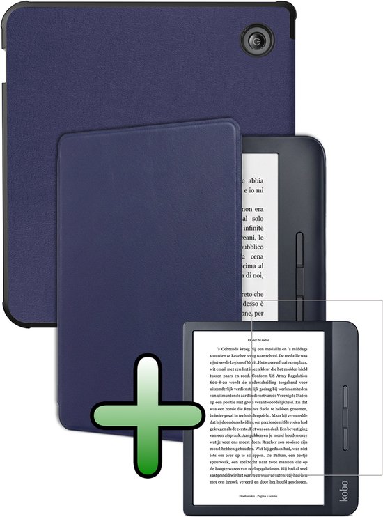 Hoes Geschikt voor Kobo Libra H2O Hoesje Bookcase Cover Hoes Met Screenprotector - Hoesje Geschikt voor Kobo Libra H2O Hoes Cover Case - Donkerblauw