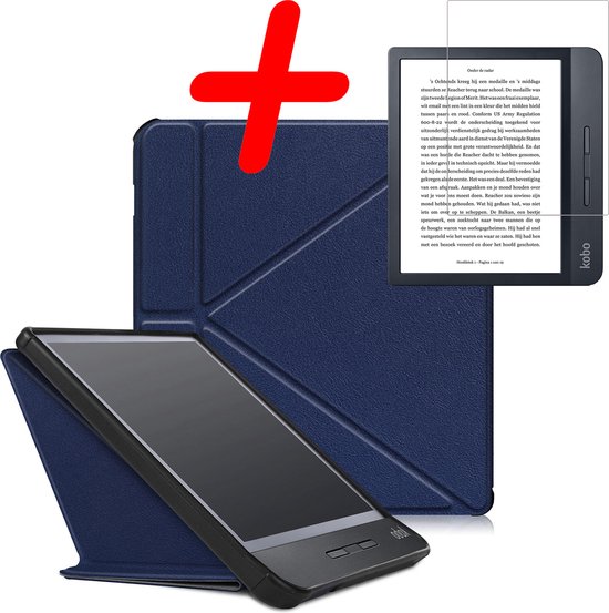 Hoes Geschikt voor Kobo Libra H2O Hoesje Bookcase Cover Hoes Trifold Met Screenprotector - Hoesje Geschikt voor Kobo Libra H2O Hoes Cover Case - Donkerblauw van MMOBIEL