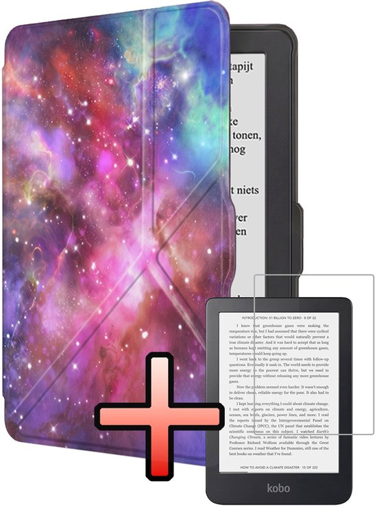 Hoes Geschikt voor Kobo Nia Hoesje Bookcase Cover Book Case Hoes Sleepcover Trifold Met Screenprotector - Galaxy
