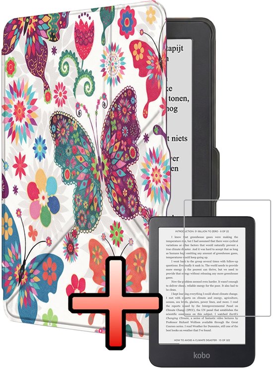 Hoes Geschikt voor Kobo Nia Hoesje Bookcase Cover Book Case Hoes Sleepcover Trifold Met Screenprotector - Vlinders