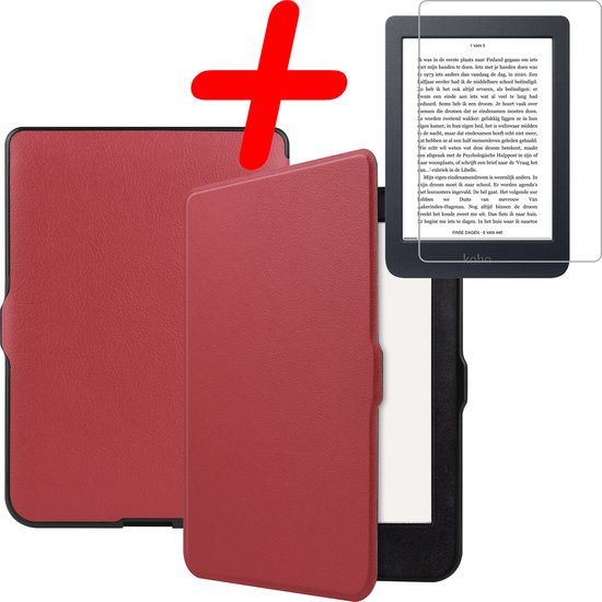 Hoes Geschikt voor Kobo Nia Hoesje Bookcase Cover Hoes Met Screenprotector - Hoesje Geschikt voor Kobo Nia Hoes Cover Case - Donkerrood van Fourleafclover