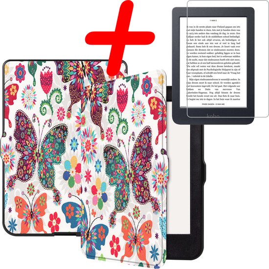Hoes Geschikt voor Kobo Nia Hoesje Bookcase Cover Hoes Met Screenprotector - Hoesje Geschikt voor Kobo Nia Hoes Cover Case - Vlinders van Fundafoon