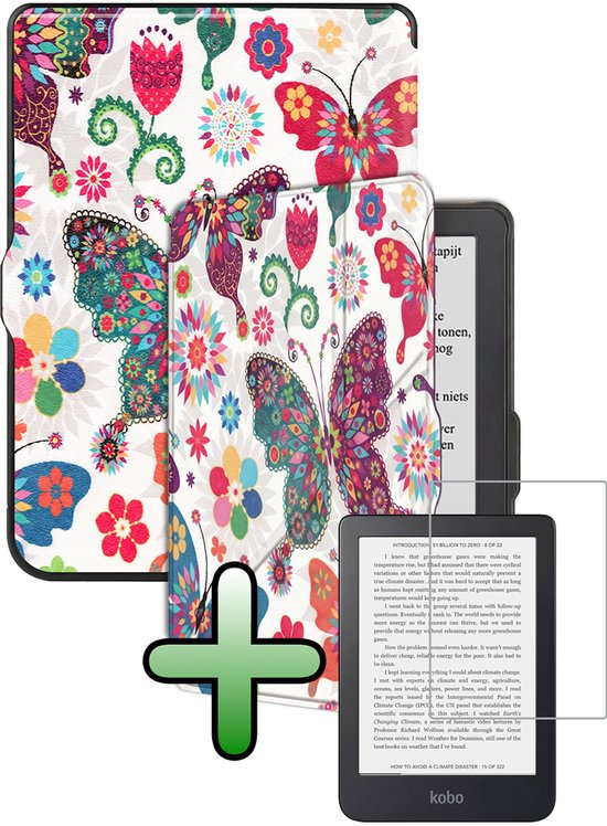 Hoes Geschikt voor Kobo Nia Hoesje Bookcase Cover Hoes Trifold Met Screenprotector - Hoesje Geschikt voor Kobo Nia Hoes Cover Case - Vlinders
