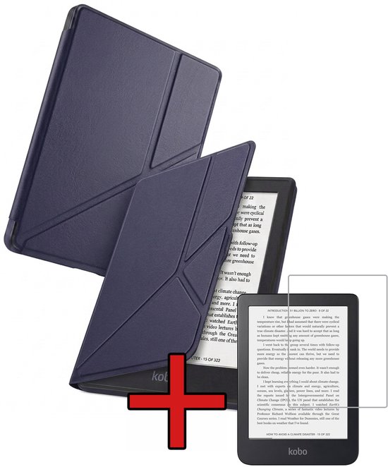 Hoes Geschikt voor Kobo Nia - Met Screenprotector - Luxe E-reader Trifold Case - Bescherm Hoesje Book Cover - Donkerblauw