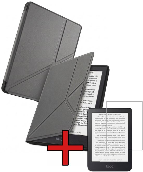 Hoes Geschikt voor Kobo Nia - Met Screenprotector - Luxe E-reader Trifold Case - Bescherm Hoesje Book Cover - Grijs