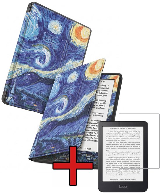 Hoes Geschikt voor Kobo Nia - Met Screenprotector - Luxe E-reader Trifold Case - Bescherm Hoesje Book Cover - Sterrenhemel