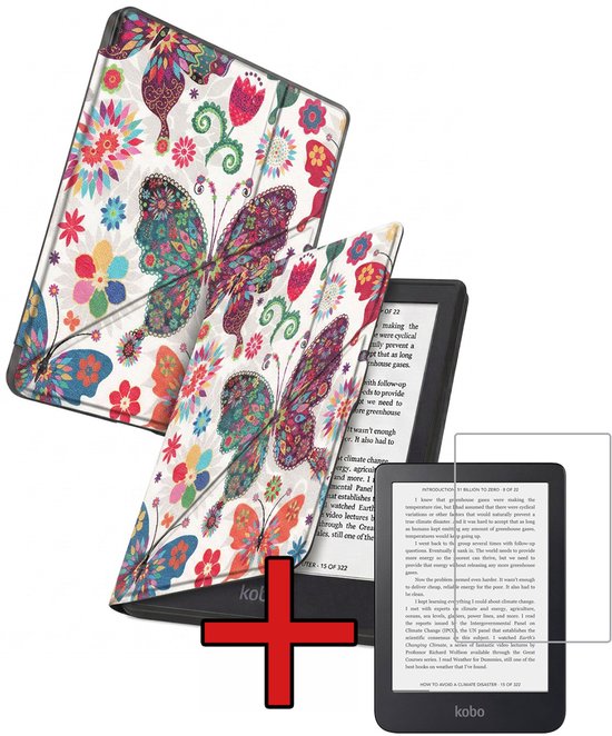 Hoes Geschikt voor Kobo Nia - Met Screenprotector - Luxe E-reader Trifold Case - Bescherm Hoesje Book Cover - Vlinders