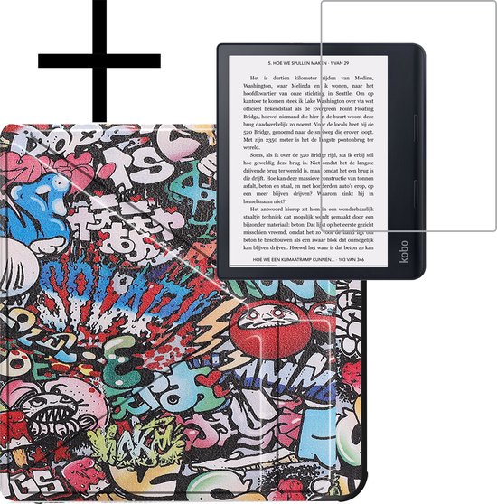Hoes Geschikt voor Kobo Sage Hoesje Bookcase Cover Book Case Hoes Sleepcover Trifold Met Screenprotector - Graffity van Fournya