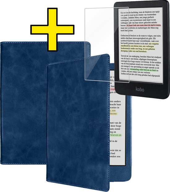 Hoesje Geschikt voor Kobo Clara BW Hoes Leren Case Sleep Cover Leer Met Screenprotector - Hoes Geschikt voor Kobo Clara BW Hoesje E-reader Leer - Donkerblauw van Hoesje 