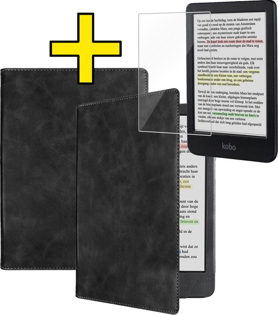 Hoesje Geschikt voor Kobo Clara BW Hoes Leren Case Sleep Cover Leer Met Screenprotector - Hoes Geschikt voor Kobo Clara BW Hoesje E-reader Leer - Zwart van Hoesje 