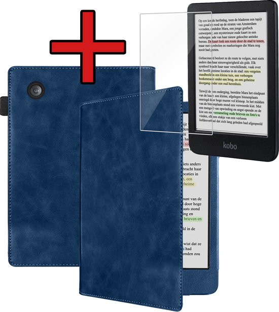 Hoesje Geschikt voor Kobo Clara BW Hoesje Leer Luxe Bescherm Case Met Screenprotector - Hoes Geschikt voor Kobo Clara BW Leren Hoes Book Cover - Donkerblauw van Hoesje 
