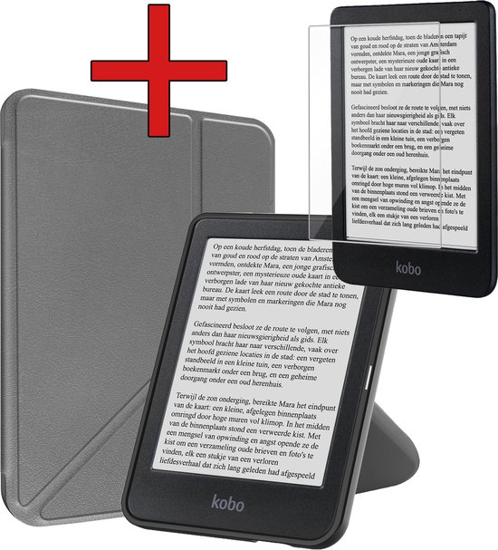 Hoesje Geschikt voor Kobo Clara BW Hoesje Luxe Bescherm Case Trifold Met Screenprotector - Hoes Geschikt voor Kobo Clara BW Hoes Book Cover - Grijs van Hoesje 
