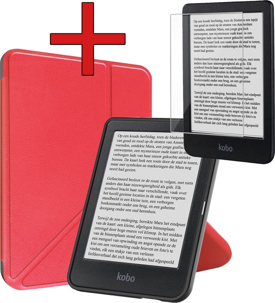 Hoesje Geschikt voor Kobo Clara BW Hoesje Luxe Bescherm Case Trifold Met Screenprotector - Hoes Geschikt voor Kobo Clara BW Hoes Book Cover - Rood van Hoesje 