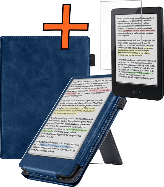 Hoesje Geschikt voor Kobo Clara BW Lederen Hoes Book Case Met Screenprotector - Hoes Geschikt voor Kobo Clara BW Hoesje Book Cover Leer - Donkerblauw van Hoesje 