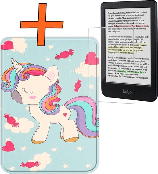 Hoesje Geschikt voor Kobo Clara Colour Hoes Book Case - Hoes Geschikt voor Kobo Clara Colour Hoesje Book Cover Met Screenprotector - Eenhoorn van Hoesje 