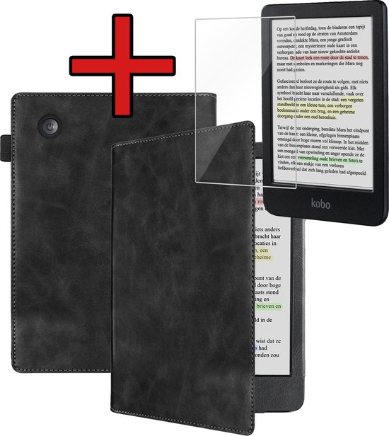Hoesje Geschikt voor Kobo Clara Colour Hoesje Leer Luxe Bescherm Case Met Screenprotector - Hoes Geschikt voor Kobo Clara Colour Leren Hoes Book Cover - Zwart van Hoesje 