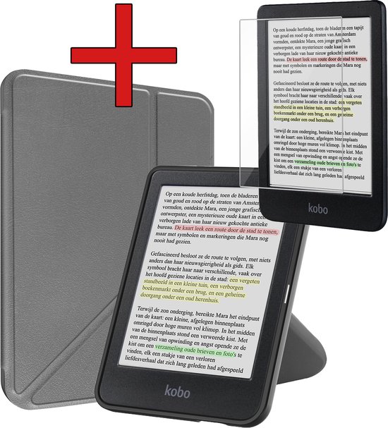 Hoesje Geschikt voor Kobo Clara Colour Hoesje Luxe Bescherm Case Trifold Met Screenprotector - Hoes Geschikt voor Kobo Clara Colour Hoes Book Cover - Grijs van Hoesje 
