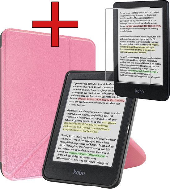 Hoesje Geschikt voor Kobo Clara Colour Hoesje Luxe Bescherm Case Trifold Met Screenprotector - Hoes Geschikt voor Kobo Clara Colour Hoes Book Cover - Roze van Merkloos