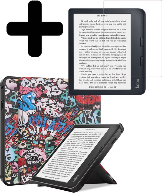 Hoesje Geschikt voor Kobo Libra 2 Hoes Bescherm Hoesje Case Sleep Cover Trifold Met Screenprotector - Hoes Geschikt voor Kobo Libra 2 Hoesje - Graffity van Hoesje 
