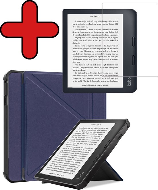 Hoesje Geschikt voor Kobo Libra 2 Hoesje Luxe Bescherm Case Trifold Met Screenprotector - Hoes Geschikt voor Kobo Libra 2 Hoes Book Cover - Donkerblauw van Hoesje 