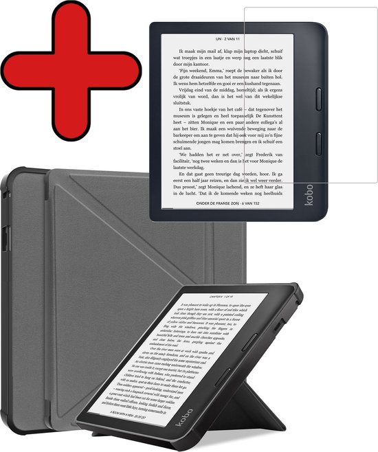 Hoesje Geschikt voor Kobo Libra 2 Hoesje Luxe Bescherm Case Trifold Met Screenprotector - Hoes Geschikt voor Kobo Libra 2 Hoes Book Cover - Grijs van Hoesje 
