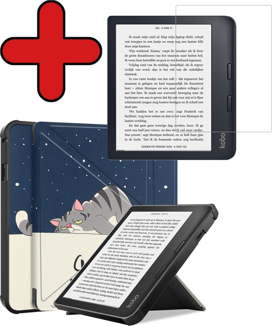 Hoesje Geschikt voor Kobo Libra 2 Hoesje Luxe Bescherm Case Trifold Met Screenprotector - Hoes Geschikt voor Kobo Libra 2 Hoes Book Cover - Kat van Hoesje 
