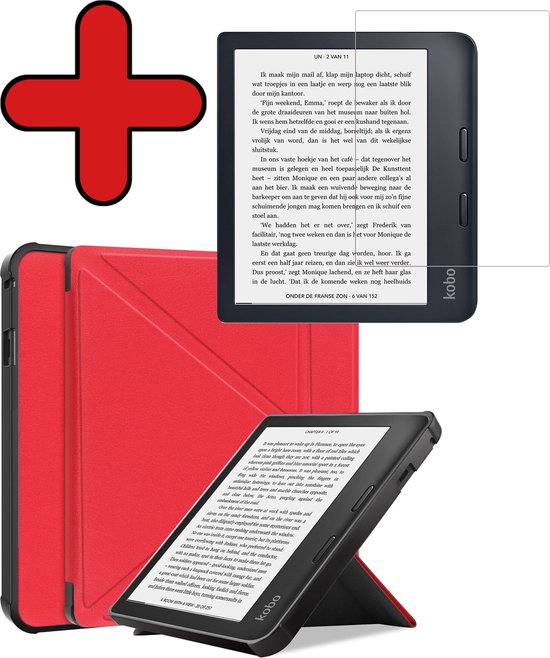 Hoesje Geschikt voor Kobo Libra 2 Hoesje Luxe Bescherm Case Trifold Met Screenprotector - Hoes Geschikt voor Kobo Libra 2 Hoes Book Cover - Rood van Hoesje 