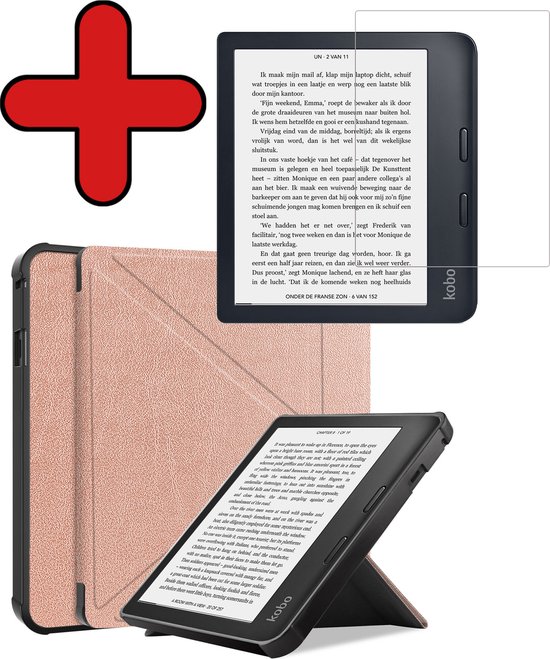 Hoesje Geschikt voor Kobo Libra 2 Hoesje Luxe Bescherm Case Trifold Met Screenprotector - Hoes Geschikt voor Kobo Libra 2 Hoes Book Cover - Rosé Goud van Hoesje 