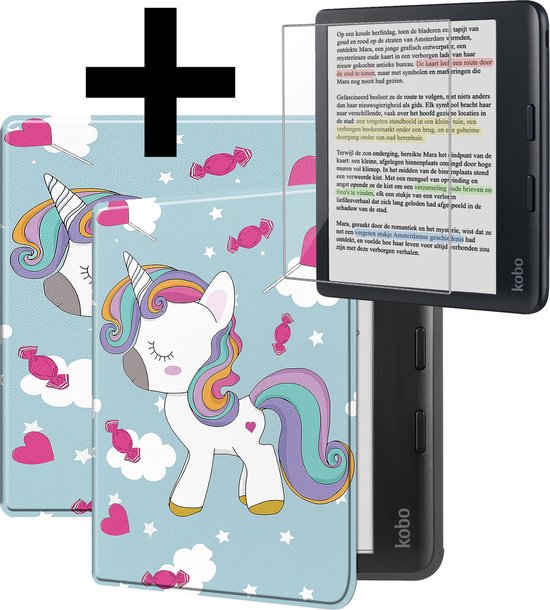 Hoesje Geschikt voor Kobo Libra Colour Hoes Bescherm Hoesje Case Sleep Cover Met Screenprotector - Hoes Geschikt voor Kobo Libra Colour Hoesje - Eenhoorn van Hoesje 