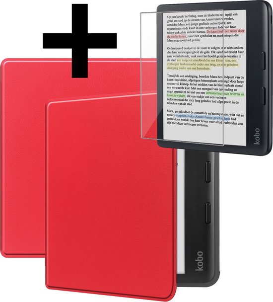 Hoesje Geschikt voor Kobo Libra Colour Hoes Bescherm Hoesje Case Sleep Cover Met Screenprotector - Hoes Geschikt voor Kobo Libra Colour Hoesje - Rood van Hoesje 